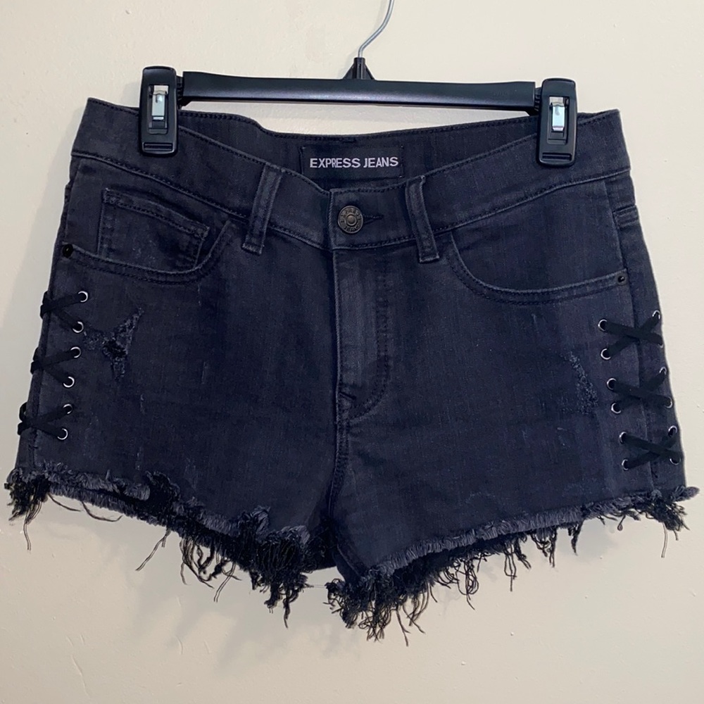 Express faded black distressed side lace shorts